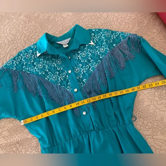VTG 80s Lilia Guilty Smitty Smith Teal Green Fringed Western Cowgirl Maxi Dress - Picture 9 of 13